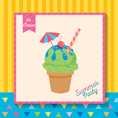 Summer party design with ice cream cone decorated with umbrella and toppings in template frame on graphic of yellow stripe and blue background border.のイラスト素材
