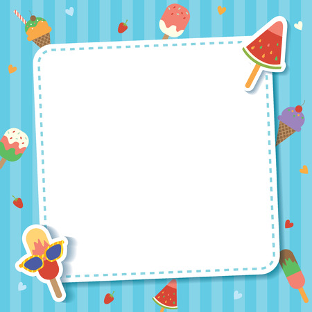 Cute ice cream cone and bar design to various flavors decorated with strawberry and heart toppings for menu template on blue pastel stripe background.のイラスト素材