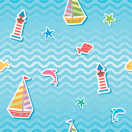 Sea wave seamless pattern decorated with sailboat, dolphins, starfish, little fishes, and lighthouse on blue background.のイラスト素材
