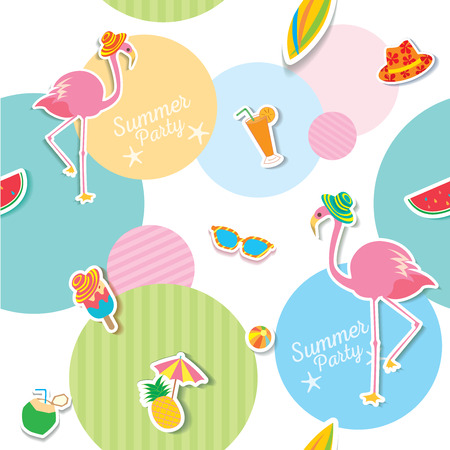 Seamless pattern of summer party background decorated with flamingos, ice cream, fruits, drink, and accessories and circle on colorful.のイラスト素材