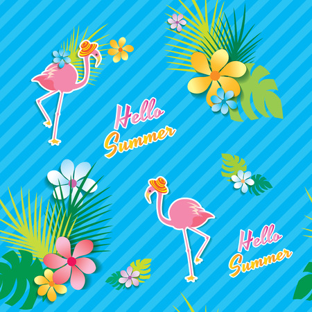 Hello Summer decorated with tropical flowers and flamingo put on hat on blue stripe background design for seamless pattern.のイラスト素材
