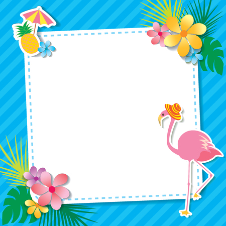 Vector of summer template decorated with pink flamingo, pineapple and flowers with leafs on stripe blue background color.のイラスト素材