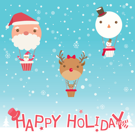 Merry christmas and happy new year card with cute balloon of santa claus, reindeer and snowman on snow background.Illustration vectorのイラスト素材