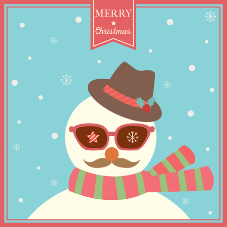 Illustration vector of Merry  Christmas card design with hipster snowman put on sunglasses  hat and scarf on snow background.のイラスト素材
