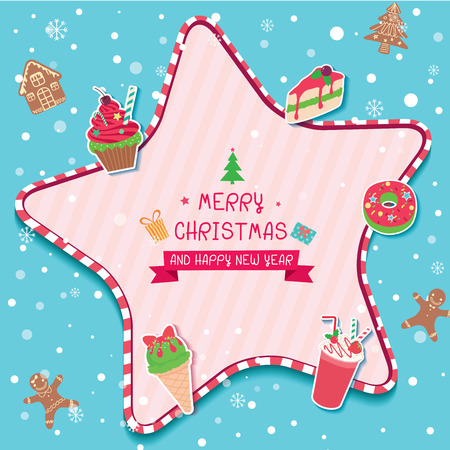 Illustration vector of  Merry Christmas and Happy New Year card design with dessert decorated around star frame on blue snow background template.のイラスト素材