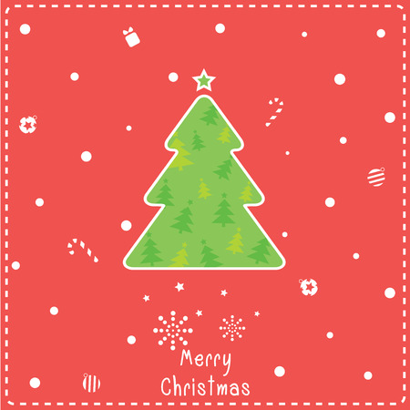 Illustration vector of cute green christmas tree decorated on snow red background for Merry Christmas festivalのイラスト素材