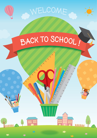 Illustration vector of back to school template with balloons for concept design decorated by stationery, art supplies and sports equipment on school background.のイラスト素材