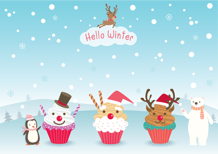 Illustration vector of Hello Winter design with cupcakes decorated to snowman,santa claus and reindeer on snow background.のイラスト素材