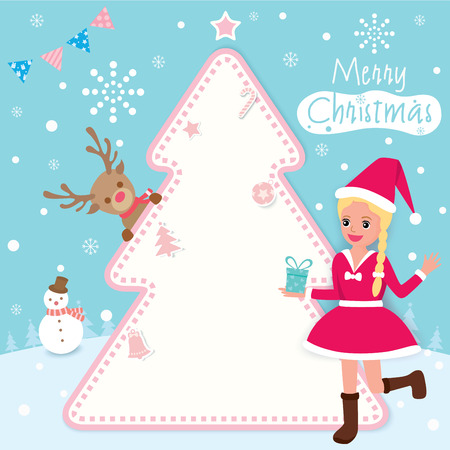 Illustration vector of Merry Christmas background design with girl santa and Christmas tree for template.のイラスト素材