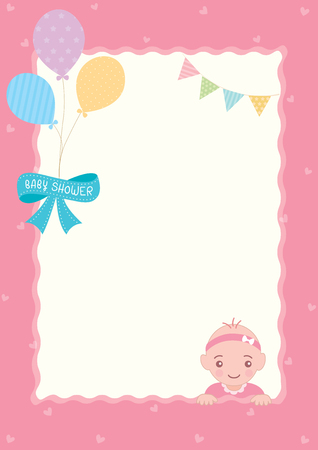 Illustration vector of baby shower template design with baby girl and balloons on pink background.のイラスト素材