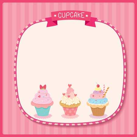 Cute cupcakes decorated on stripe pink frame template.のイラスト素材