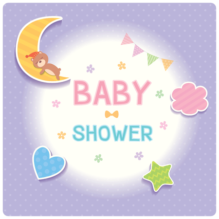 Baby shower card for new born design with cloud, star,moon,heart and sleeping bear on purple polka dot background.のイラスト素材