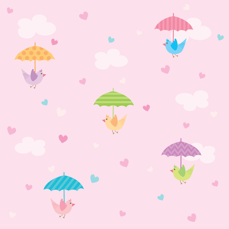 Illustration vector of cute birds holding umbrella with raining heart in pink sky background design for seamless pattern.のイラスト素材