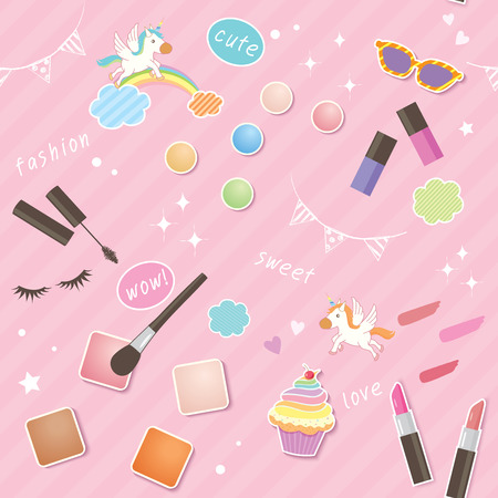Illustration vector of cute cosmetics, cupcake and fashion decorated with unicorn and rainbow design for seamless pattern on pink pastel background.のイラスト素材