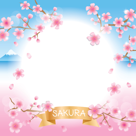Illustration vector of Sakura flowers and Mt.Fuji background design template for poster, banner.のイラスト素材