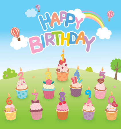 Illustration vector of Birthday cupcakes design decorated with number candles on natural background for garden party.のイラスト素材
