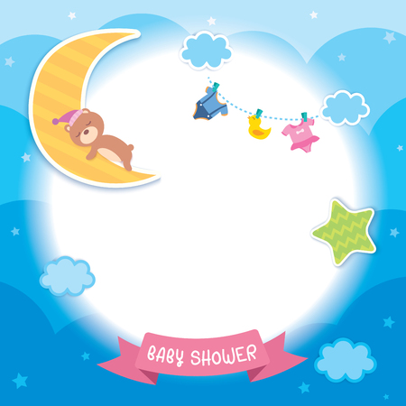 Baby shower template design with sleeping bear on moon decorated with cloud, heart, star,dress and toy for frame on blue sky background.のイラスト素材