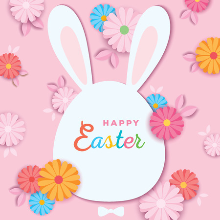 Happy Easter holiday design with shape of rabbit bunny head on flowers background.のイラスト素材