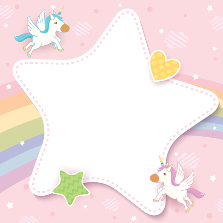 Illustration vector of cute unicorn decorated with rainbow and pink  pastel sky background design with star frameのイラスト素材