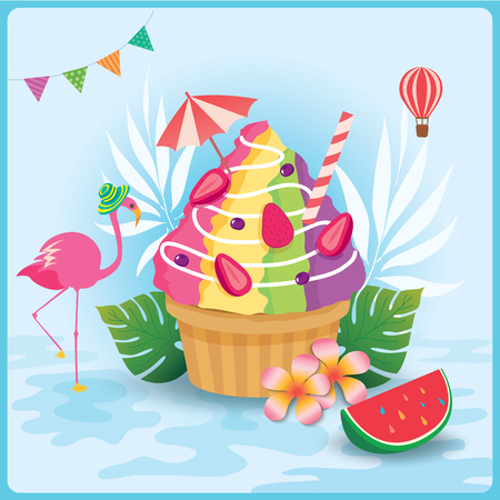 Still life of shaved ice decorated with leaf palm, flowers, flamingo, watermalon design for summer seasonのイラスト素材