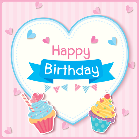 Vector of Birthday card design with cute cupcakes on heart frame.のイラスト素材
