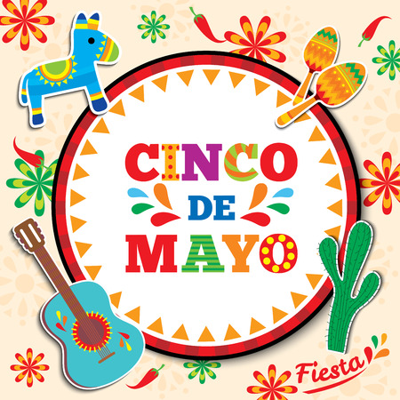 Cinco de mayo design with circle frame background decorated with maracas, pinata,guitar and cactusのイラスト素材