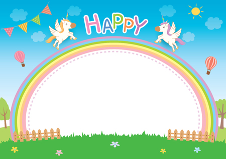 Illustration vector of unicorns with rainbow decorated on nature background.のイラスト素材