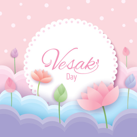 Illustration vector of Vesak day pink background design with pastel of lotus flowersのイラスト素材