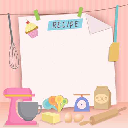 Decorated vector template for display of the bakery recipe surrounded by various graphic of bakery and pastry toolsのイラスト素材
