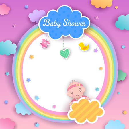 Illustration vector of baby shower girl design with rainbow frame and clouds on paper art styleのイラスト素材