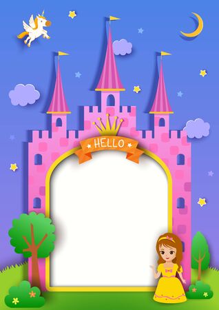 Illustration vector of castle frame with cute princess and unicorn to paper art style.のイラスト素材