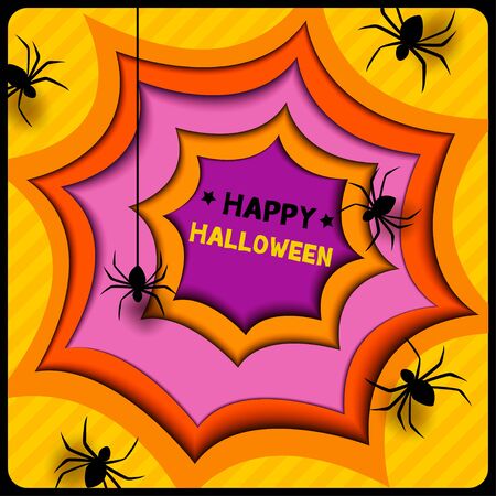 Illustration vector of Happy Halloween design with cobweb and spiders to 
paper art backgroundのイラスト素材