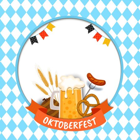 Illustration vector of Oktoberfest with food and drinkl on blue pattern backgroundのイラスト素材