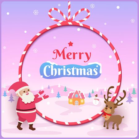 Illustration vector of Merry Christmas design with santa claus and reindeer on rope frame and snowy background.のイラスト素材