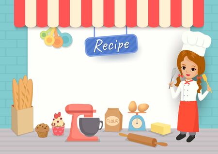Illustration vector of bakery recipe template with cute girl chef and baking Equipmentのイラスト素材