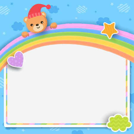 Illustration vector of baby shower template design with bear and rainbow on sky background and white spaceのイラスト素材