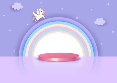 Illustration vector 3d style of unicorn and rainbow with podium stands on blue sky background.のイラスト素材