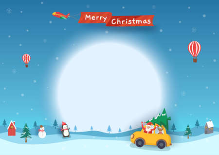 Merry Christmas banner with santa claus in car on snowy winter backgroundのイラスト素材