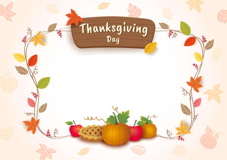 Illustration Thanksgiving background with pumpkins pie and autumn leaf pattern.のイラスト素材
