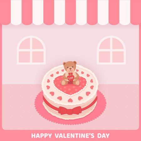Valentine's card with lovely cake with teddy bear on pink cafe background.