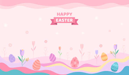 Illustration vector of Easter festival design with colored eggs on tulips meadow pastel background.のイラスト素材