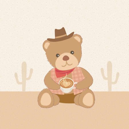 Teddy bear get dressed cowboy costume holding some hot coffeeのイラスト素材