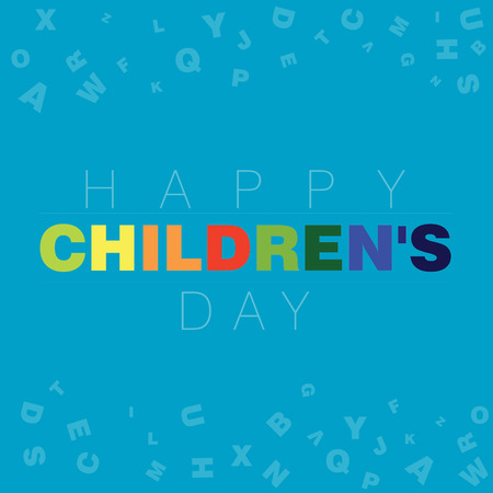 Simple Happy Childrens Day text with alphabet scattered on a blue backgroundの写真素材
