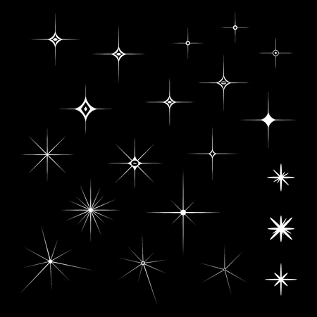 Set of White Sparkles on an isolated black background in vector illustrationのイラスト素材