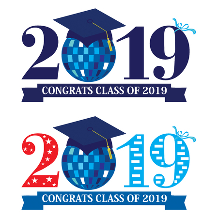 Two designs with Congrats Class of 2019 with a disco ball in blue and red color schemes on an isolated white background for graduating studentsのイラスト素材