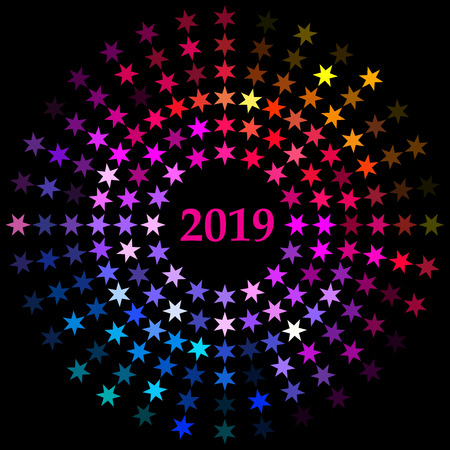 Vector style design of a single radial burst of New Year 2019 designed with stars in flat rainbow colors on a   black isolated backgroundのイラスト素材