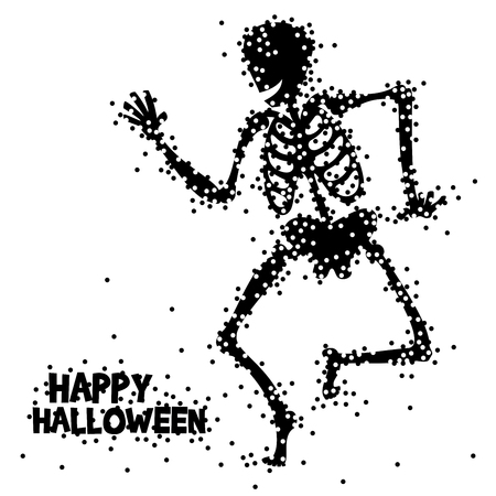 Funny cute dancing skeleton with stippling of dots in black and white on an isolated background in vector styleのイラスト素材