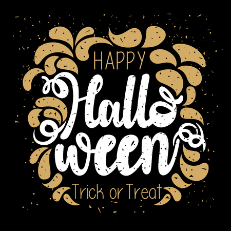 Gold and white flat glitter vector design of Happy Halloween typography on an   isolated black backgroundのイラスト素材