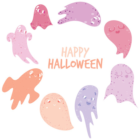 Cute ghosts in pinks in a circular frame with Happy Halloween typography on an   isolated white backgroundのイラスト素材
