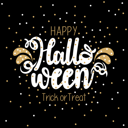 Gold and white flat glitter vector design of Happy Halloween typography on an   isolated black backgroundのイラスト素材
